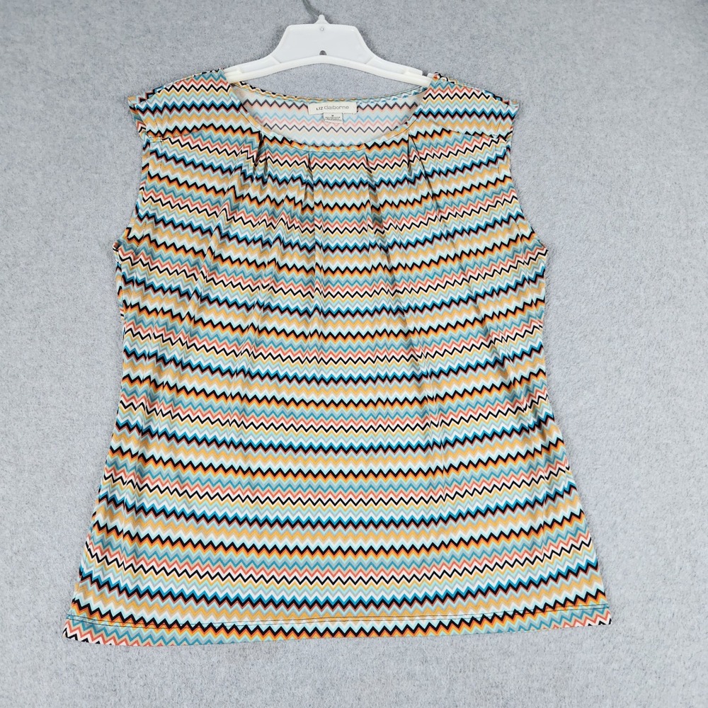 Liz Claiborne Blouse Top Womens Medium Multicolor Chevron Pleated Scoop Neck